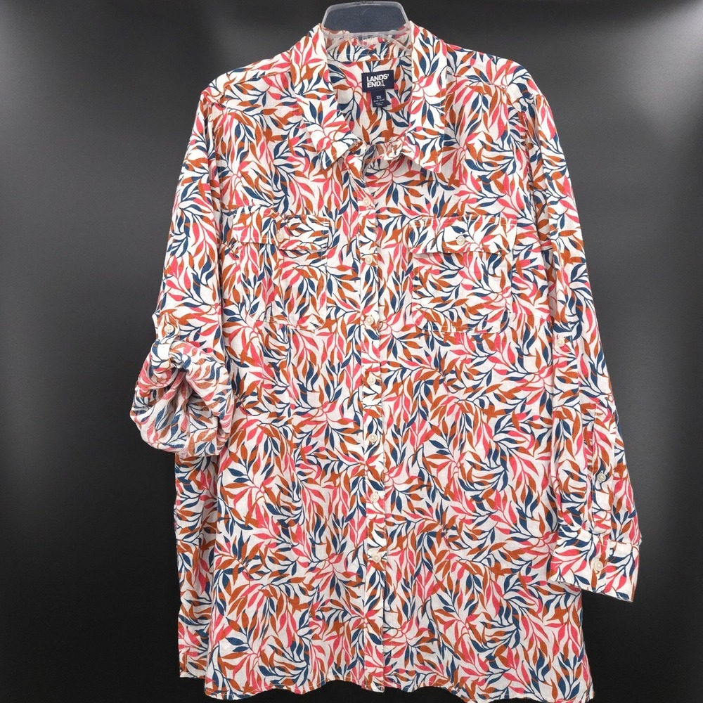 Lands' End Button-Down Shirt in Coral, Navy & White Leaf Print